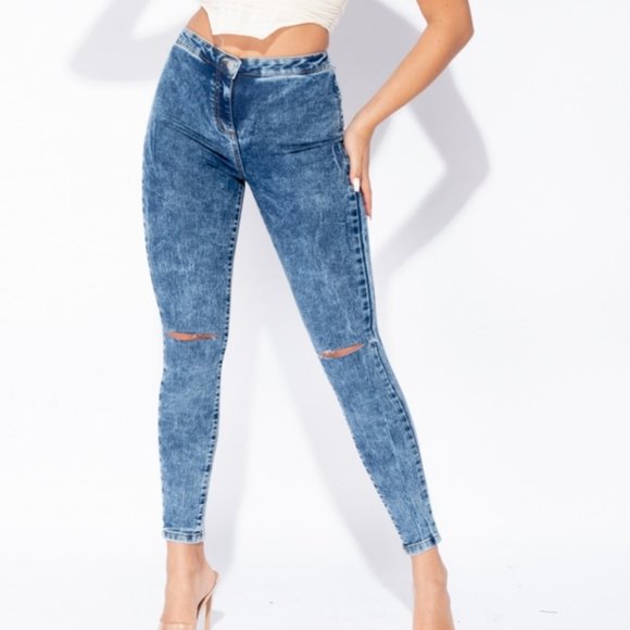 Pants - Acid Wash High Waist Ripped Skinny Denim Jeggings